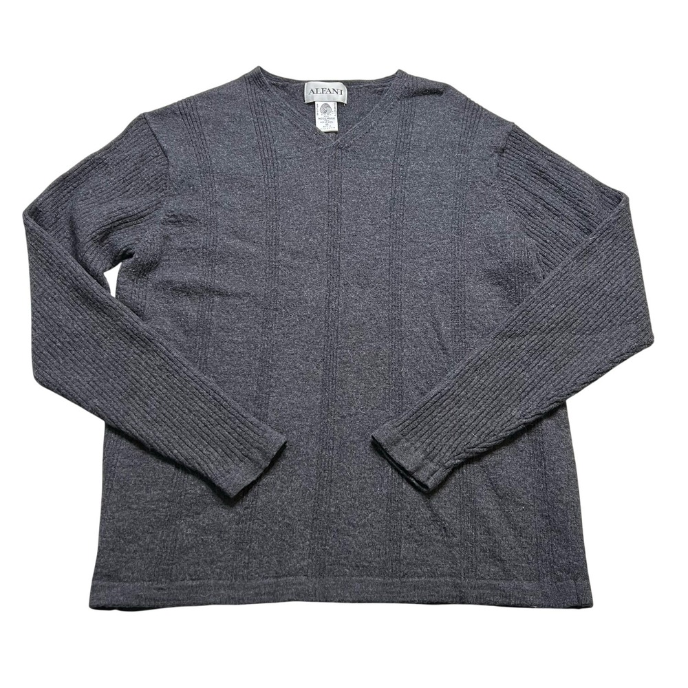 Alfani Sweater Womens M Gray Merino Wool V-Neck Ribbed Knit Long Sleeve Classic